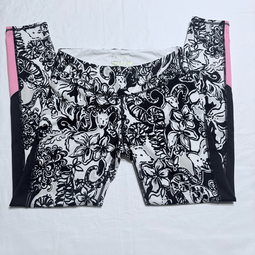 Lilly Pulitzer Black and White Floral Leggings with Pink Accents